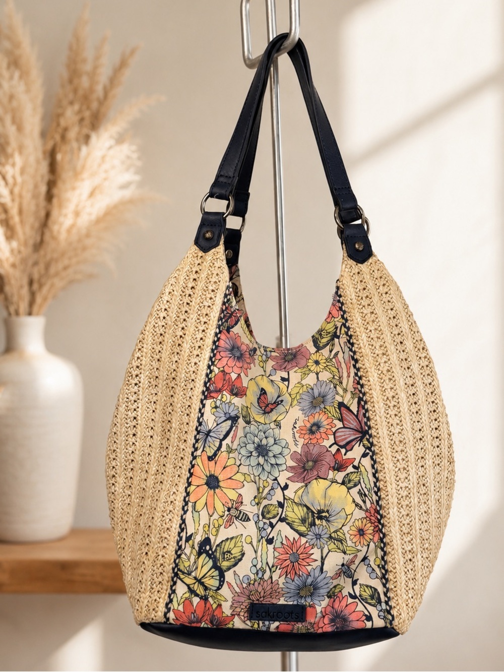 Sakroots Roma Shopper Floral Butterfly Straw Woven Tote Shoulder Bag